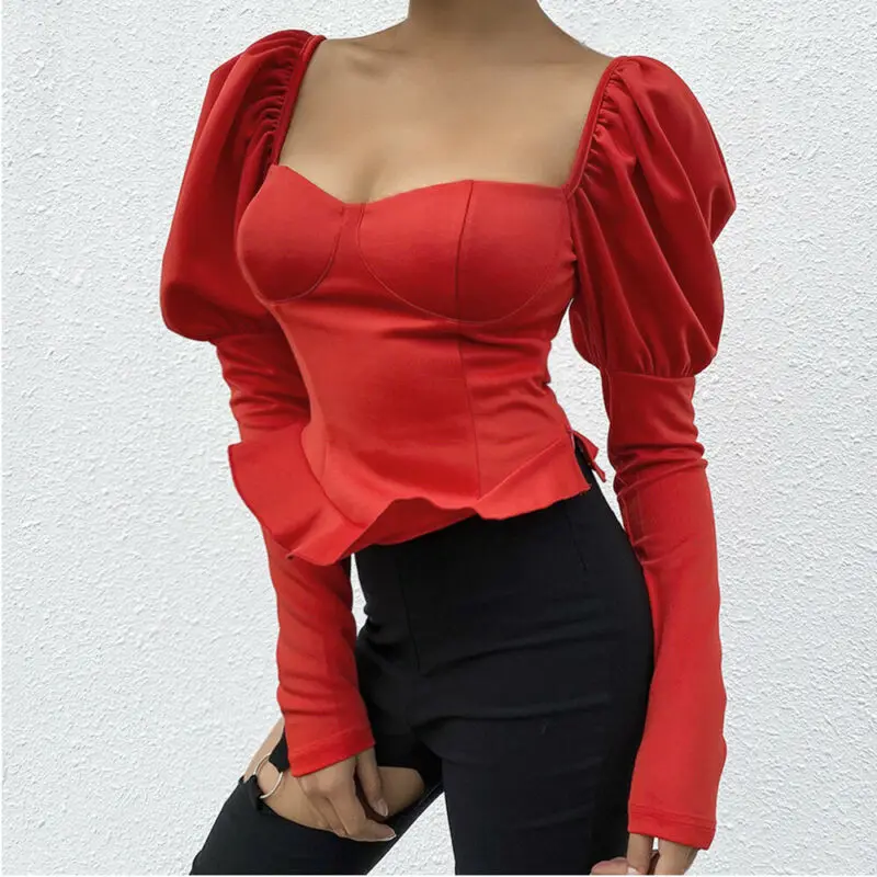 Women Ladies Solid Long Sleeve T-shirts Puff Sleeve Square Neck Slim Bodycon Slim Sexy Casual Pullovers Tops