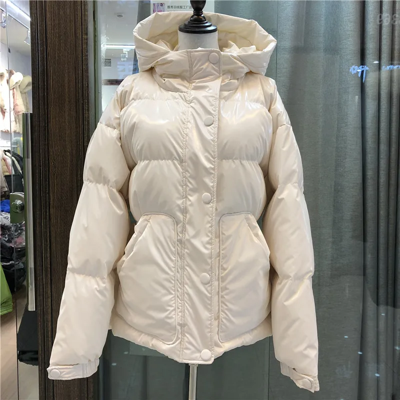 Новое поступление зимние лакированные глянцевые ткани утиного пуха пальто женские модные теплые куртки с капюшоном толстое теплое пальто F120 - Цвет: beige