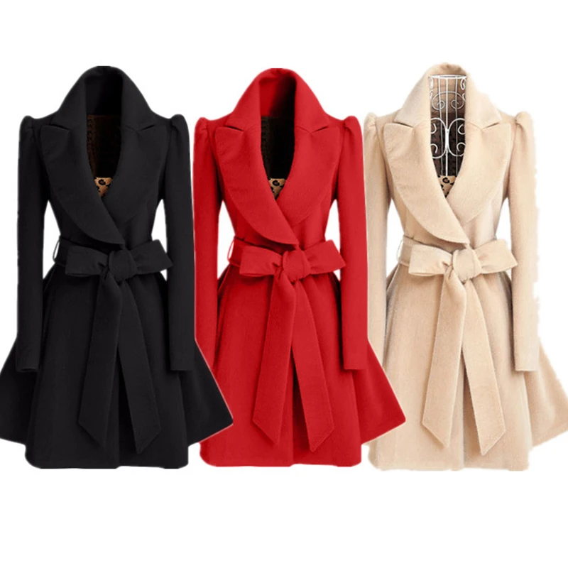 New Autumn And Winter Lapel Wool Cloth Jacket Windbreaker Ladies Fashion Casual Solid Color Waist Slim Popular Woolen Coat