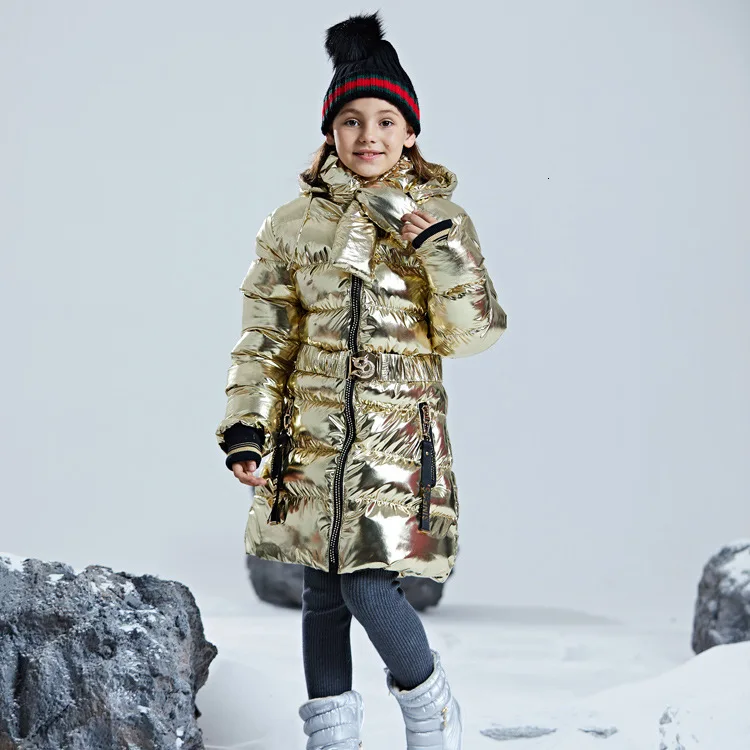 Теплые зимние куртки для девочек золотого и серебряного цвета, США, Россия, популярные толстые водонепроницаемые ветрозащитные хлопковые куртки для девочек, длинное пальто с капюшоном