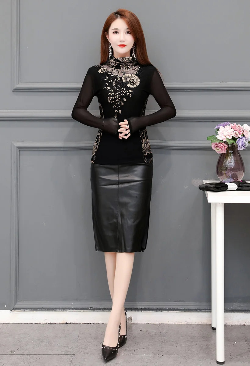 M-7XL blusas mujer de moda, осенняя Водолазка с длинным рукавом, сетчатые топы, элегантная тонкая блузка с вышивкой, рубашка размера плюс, рубашка