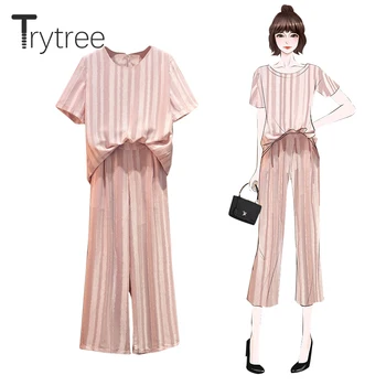 

Trytree Summer Women Two Piece Set Casual O-neck Stripe Pink Loose Tops + Pants Ankle-Length Pants Wide leg Pants 2 Piece Set