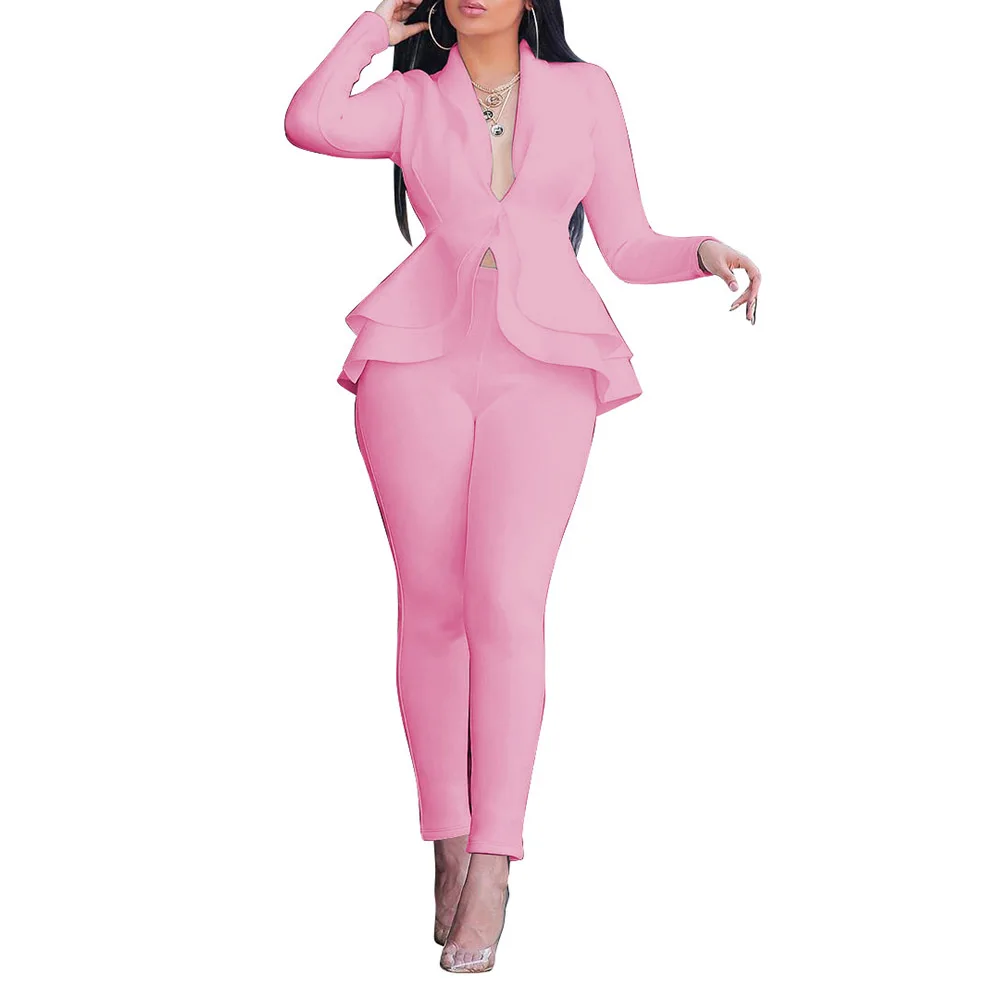 African Women Sets 2 Pieces Elegant Office Ladies Work Blue Ruffle Coat Tops Pants Business Female Clothing Sets Suits NO Belt