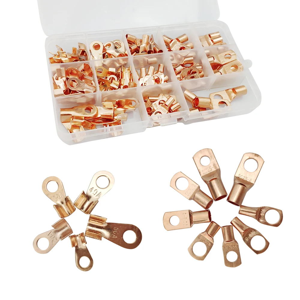 

130Pcs/Box Different Sizes Copper Cable Lugs Heavy Duty Wire Lugs Terminal Connectors Assortment Kit Electrician Tools Welding