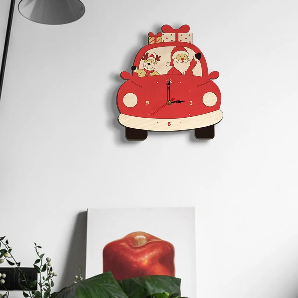 Nordic Style Numeral Wall Clock Silent Clock Wood Christmas Santa Claus Car Pattern Home Living Room Wall Christmas Decoration