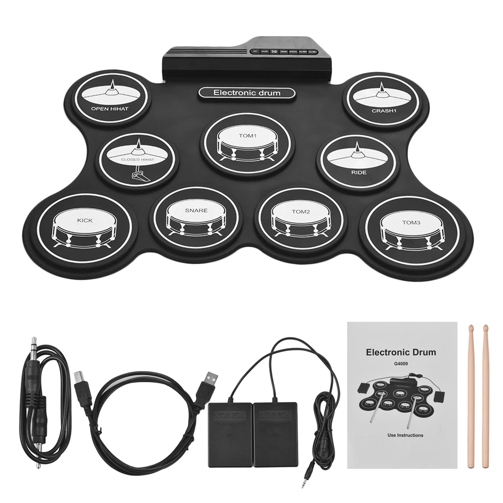 

Hot New Portable USB Roll Up Drum Kit Digital Electronic Drum Set 9 Silicon Drum Pads with Drumsticks Foot Pedals for Beginners