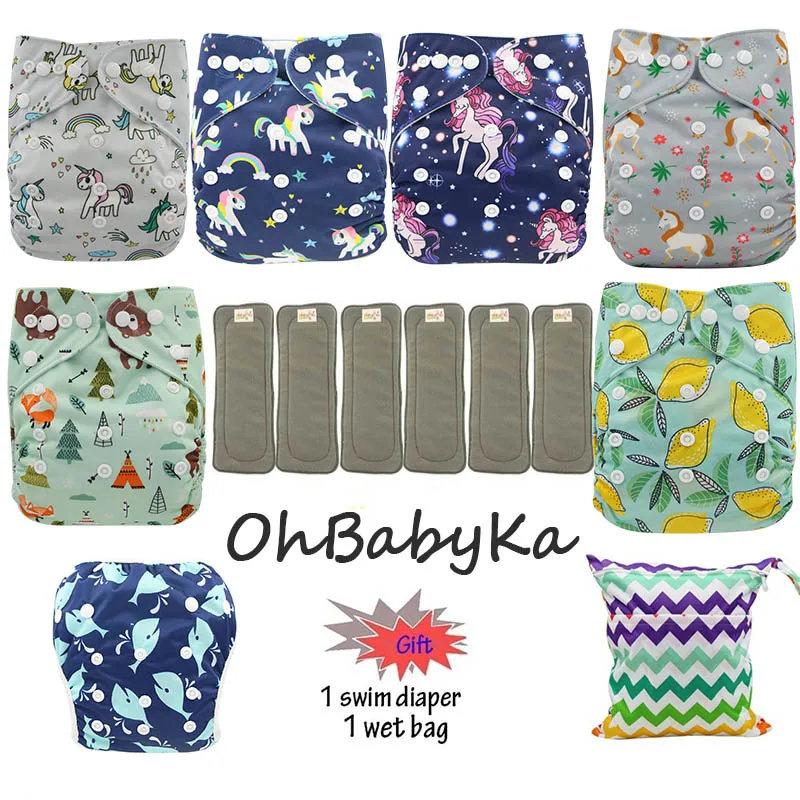 15 Ohbabyka водонепроницаемый детский карман пеленки Моющиеся Многоразовые подгузники из ткани детские подгузники 6 шт+ 6 шт микрофибры вставки+ 1 бесплатный подгузник мешок - Цвет: 15