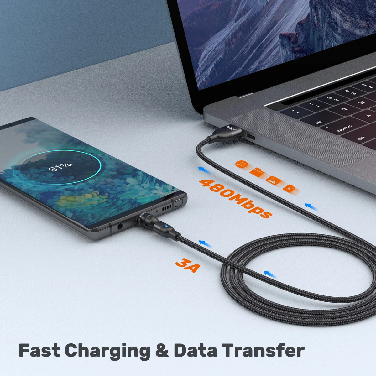 AUFU 3 in 1 Magnetic Fast Charging Cable 2m 1m 3m For iPhone Xiaomi Samsung Type C Cable Micro USB Magnet Charger 3 Pack