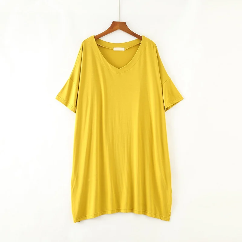D Women V-neck Plus Nightdress Large Size Half-sleeved Split Dress Loose Modal Nightdress c - Цвет: D