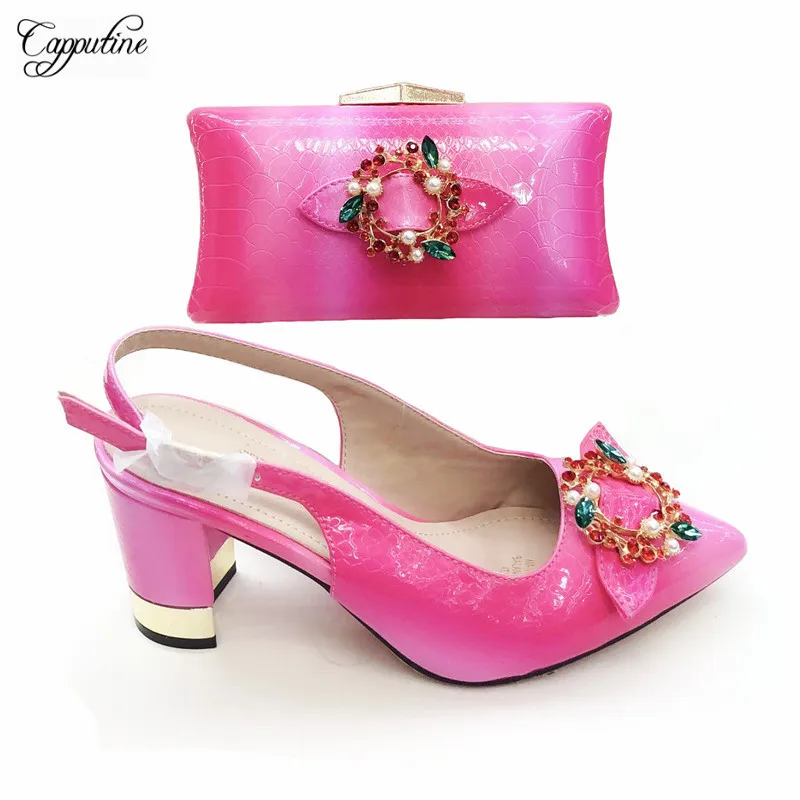 

Fashion wedding/party fuchsia high heel pointed toe sandal shoes and handbag set nice pumps with bag 2096-1 Heel Height 8.5CM