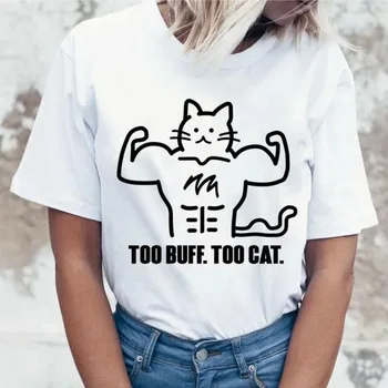 

Women Gato Cate Funny Print T Shirt Girl 2020 Summer Ulzzang Too Buff Too Cat Harajuku Tshirt Girl 90s Graphic T-shirt,Drop Ship