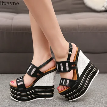 

2019 new wedge with super high heel 16cm sexy mesh shoes female small code sandals waterproof platform thick bottom slip