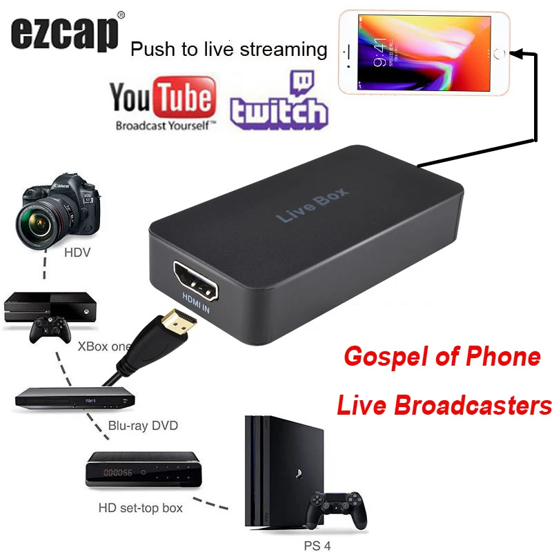 Discount Smart Phone Live Streaming Box PC Game Video Capture Card for PS4 XBOX Camera TV Box HDMI Record To for IPhone IOS Android Phone