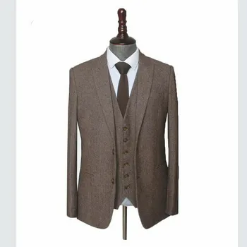 

Custom Made Woolen brown Herringbone Tweed men wedding suit British style Mens suit tailored plus size Blazer suit