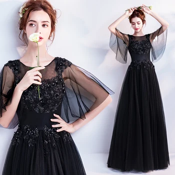 

Black Long Lace Applique Evening Dresses Party 2020 Beaded Women Half Sleeves A Line Prom Formal Evening Gowns Dresses Wear
