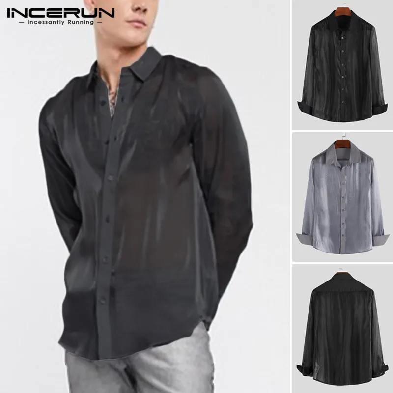 

Fashion Sexy Men Transparent Shirt Solid Collar Button Long Sleeve Chic Loose Tops See Through Party Nightclub Blouse INCERUN