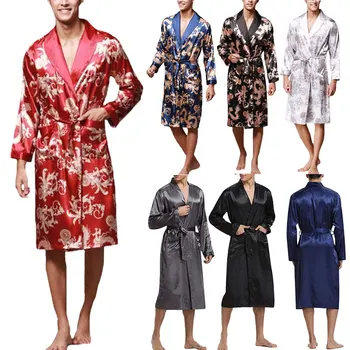 

Ethnic Mens Robe Long Sleeves Bathrobe Silk Kimono Chinese Lucky Dragon Print Pajamas Bathrobe Night Dressing Gown Masculina