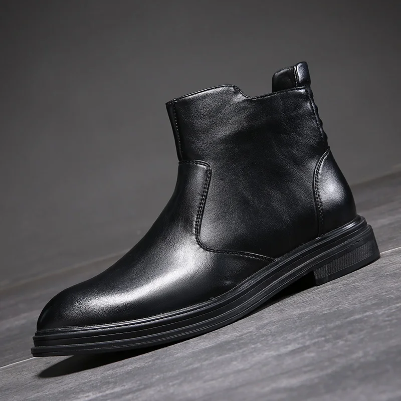 DESAI NEW Men's Martins Boots Autumn Winter PU Leather Black Shoes Men Short Boots Pointed Toe Motorcycle Boots with Zip