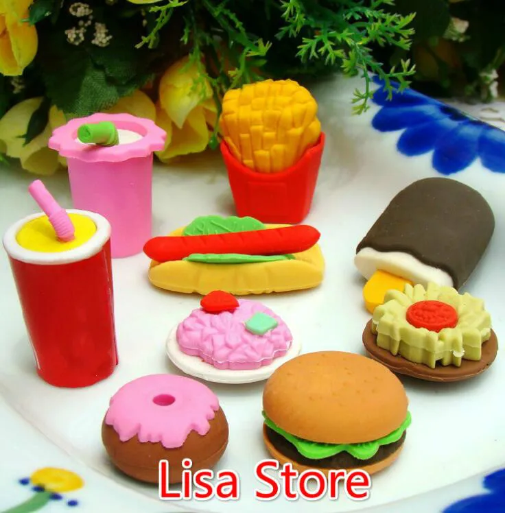 

FreeShip 100pcs Creative 3D Hamburgar Chips Coka Cola Cakes Food Erasers 3D Rubber Pencil Eraser Xmas Gift Cable Winder