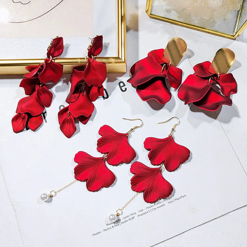 

Korean Exaggerated red long tassel retro Elegant Women petal leaves earrings feminine gold earrings accesorios pendientes mujer