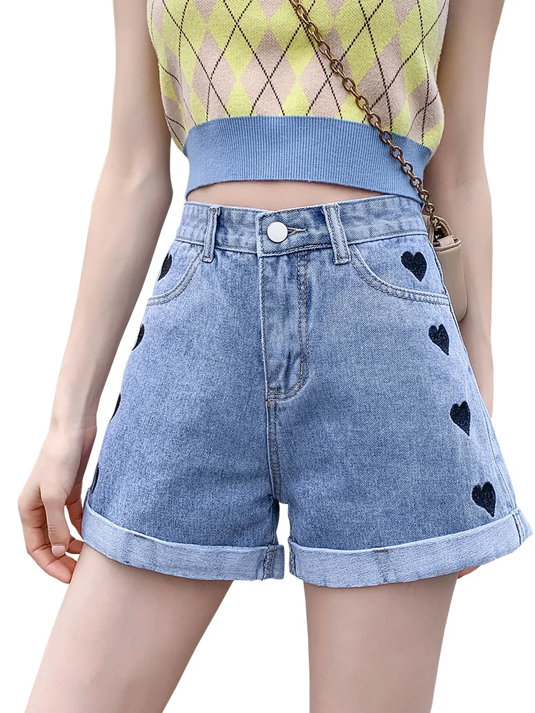 Love Embroidery Women's Denim Shorts Classic Vintage High Waist Roll Up Hem Wide Leg Casual Summer Ladies Short Jeans For Female