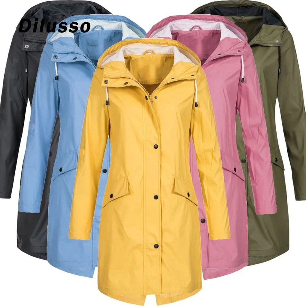 Chaqueta de lluvia Lisa para mujer, abrigo largo impermeable con capucha para exteriores, abrigo resistente al viento, abrigos multicolores con bolsillos y botones