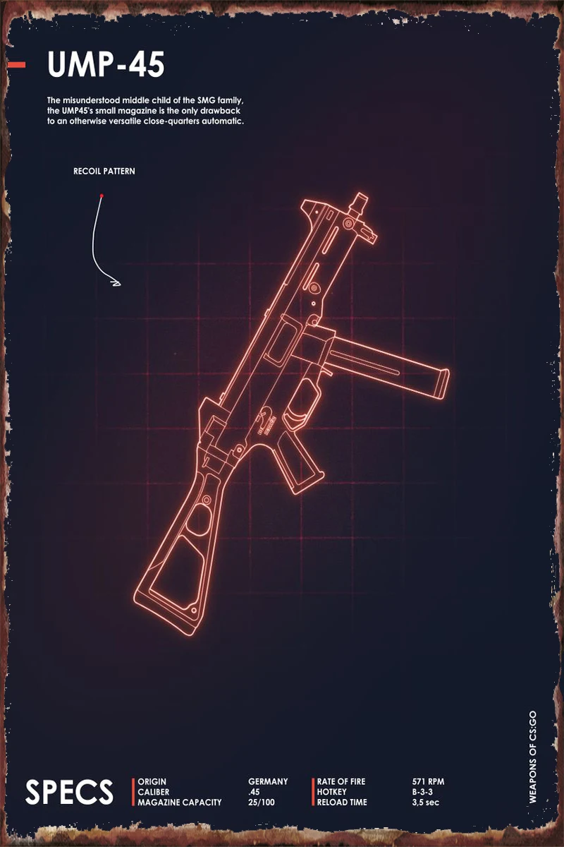 Жестяные таблички UMP 45 cs go с неоновым пистолетом настенное украшение для комнаты