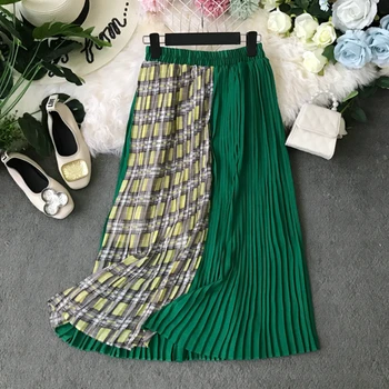 

2020 Spring Summer Chiffon Skirts Color Block Plaid Patchwork A-line Midi Pleated Chiffon Skirts for Women