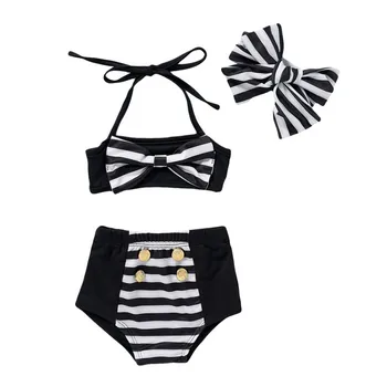 

3pcs/set Summer Baby Swimwear Striped Bow Sling Tops Briefs Headband Kid Girls Swimsuit Bikini Set
