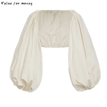 

Shirt Short Backless Female Slash Neck Lantern Sleeve Large Size Crop Top Blouse 2020 Summer Fashion Sexy Clothing