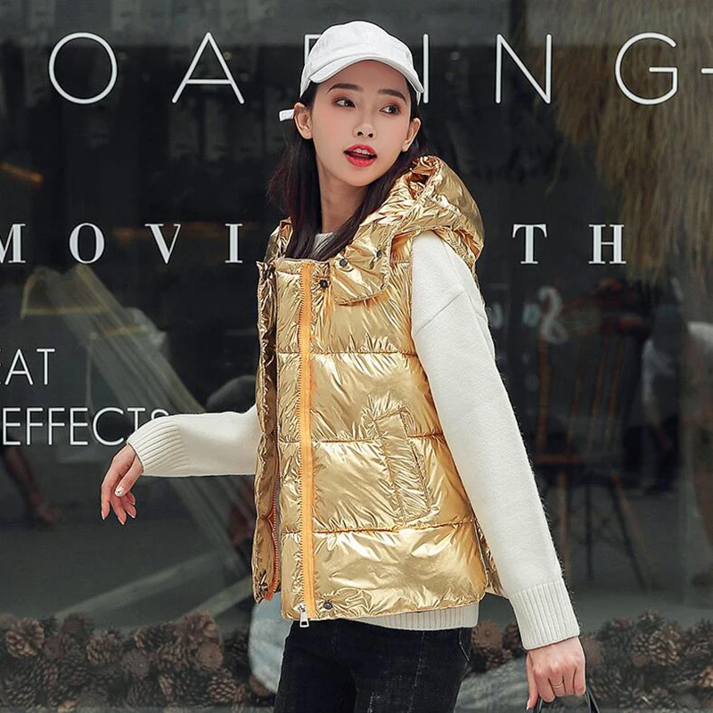 Women Vest Winter Korean Fashion Short Glossy Down Cotton Padded Vests Coat Casual Hooded Sleeveless Jacket Waistcoat