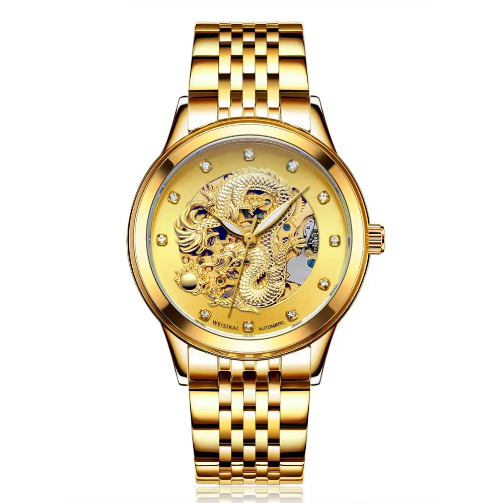 

WEISIKAI Luxury Men Watch Gold Dragon Stainless Steel Strap Mechanical Wristwatch Hollow Out Design Male Clock Relogio Masculino