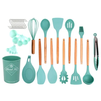 

24pcs/set Silicone Storage Bucket Egg Beater Spatula Oil Brush Heat Resistant Kitchen Utensil Chef Cooking Tools Wooden Handle