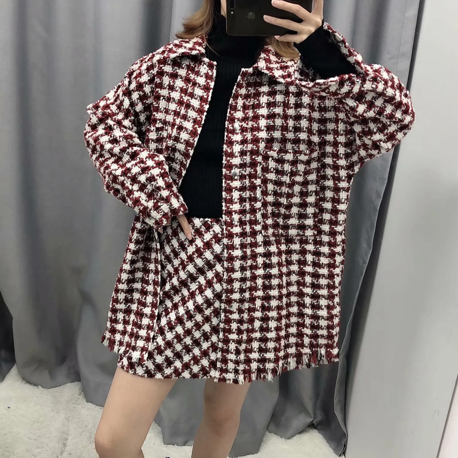 

V2998-Europe And America WOMEN'S Dress 2020 Spring And Autumn New Style Retro Thousands of Birds Lapel Shirt Skirt Set