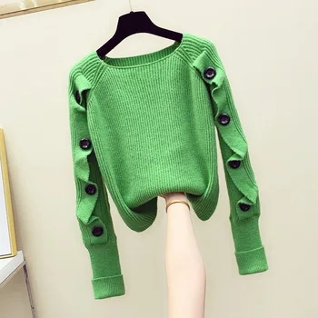 

2019 Autumn Winter Lotus Leaf Edge Knitted Shirt Woman Sweet Knit Sweater Womens Sweaters Girl Green Knitting Pullover Femininos