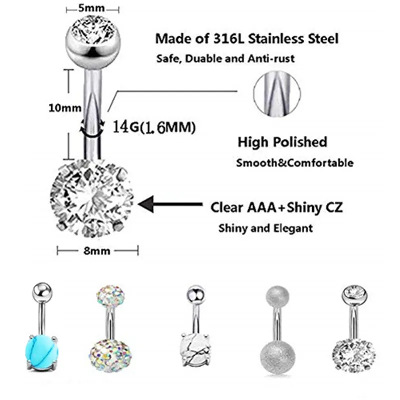 2 Bagues De Nombril En Acier Chirurgical - Cristal Zircon - 14G - Piercing Ventre Élégant | Bijou Hypoallergénique