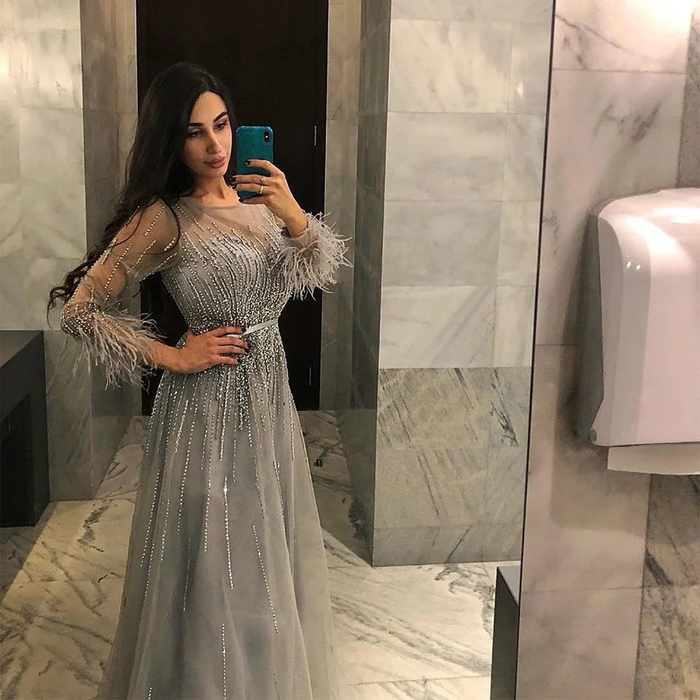 Long Sleeves Evening Dress 2020 Oneck Aline Luxury Feather Beads