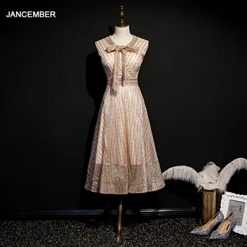 

JANCEMBER Zipper Back Cocktail Dresses Lace Bow Front Formal Dresses Sleeveless Robes De Cocktail Tea-Length Kleedjes Zomer 2020