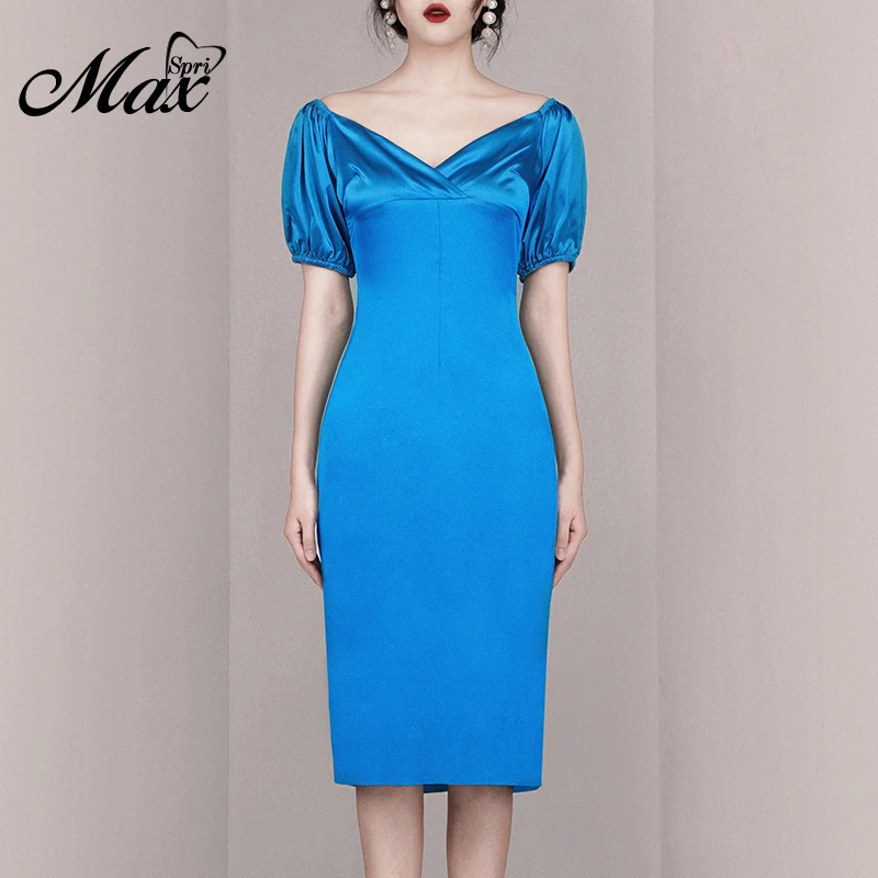 Женское атласное платье миди с открытыми плечами коротким рукавом фонариком и V