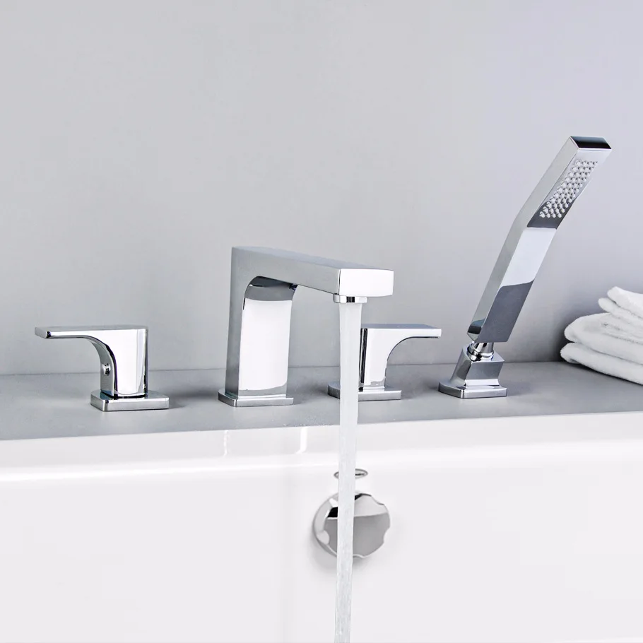 

Copper Hot And Cold Bathtub Faucet Four-piece Set Chromium Color Cylinder Side Split Tap with Handheld Sprinkler YG1001