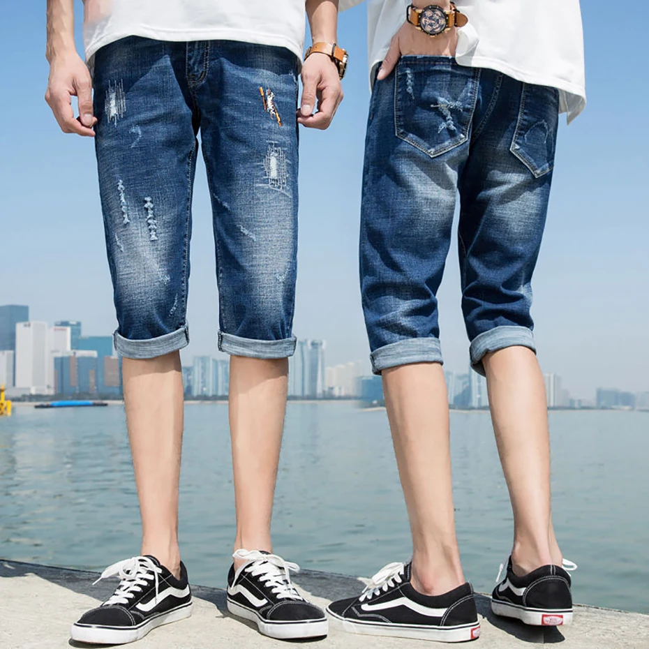 Мужские джинсовые эластичные шорты летние Прямые повседневные короткие бермуды до колена мужские рваные джинсовые шорты