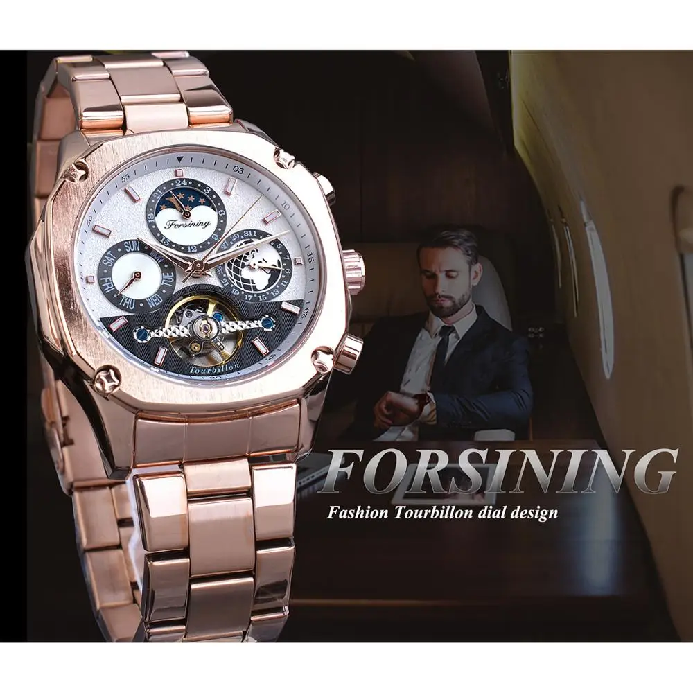 Forsining дизайнерские automatic Tourbillon часы мужские розовое золото Moonphase Дата Скелет механический пилот стальной ремешок Montre Homme