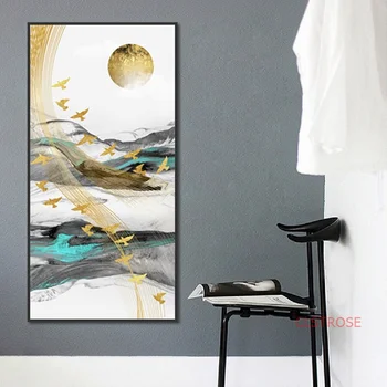 

Abstract Golden Flying Bird Poster New Chinese Ink Landscape Canvas Painting Modern Home Decoration Wall Art Pictures No Frame