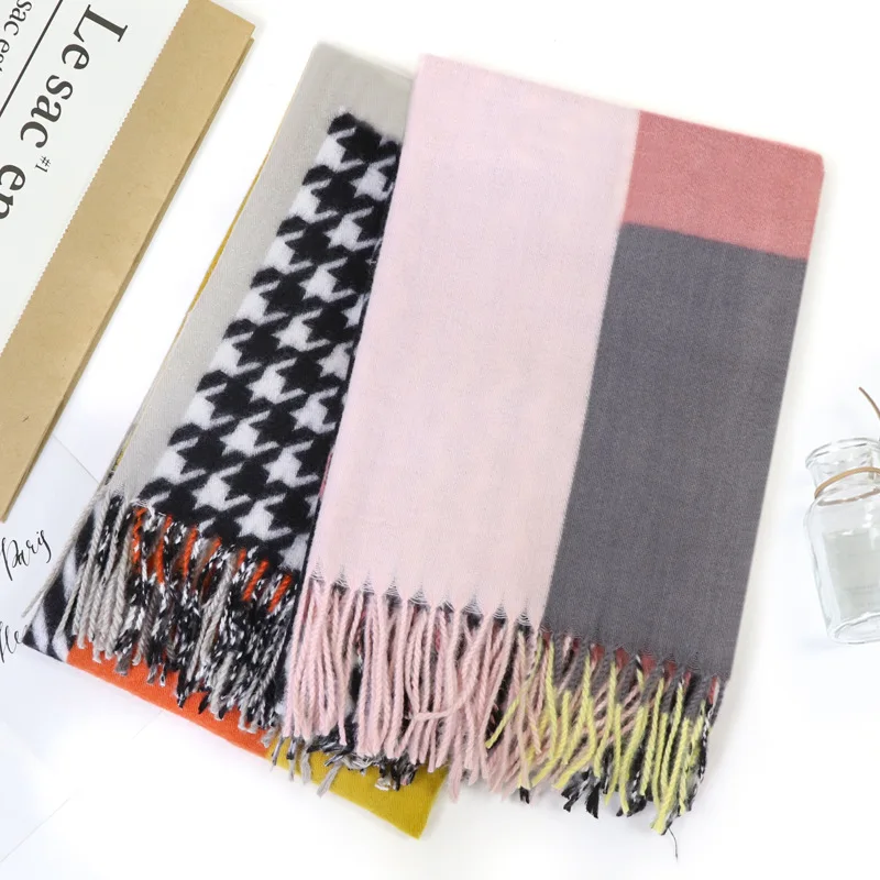 

Autumn and winter plaid Mosaic cashmere tassel scarf versatile long vintage shawl double-sided warm scarf