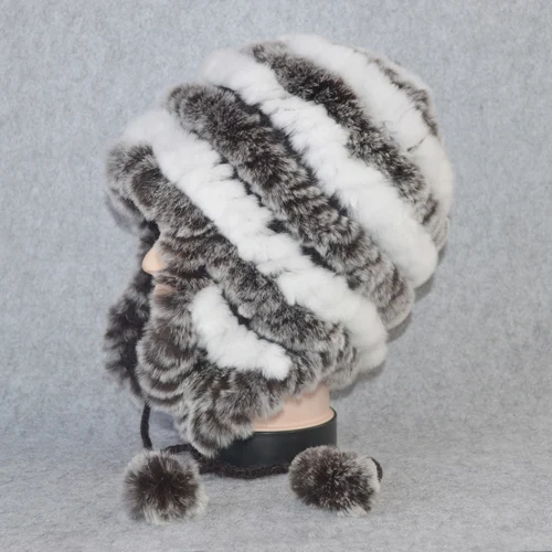 Качественная зимняя шапка для девочек, настоящий мех кролика, женская вязаная шапка из натурального кролика Рекс, меховые шапочки, теплые шапки из натурального меха - Цвет: coffee and white