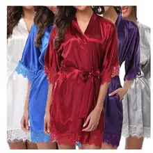 Hot White Women Silk Lace Robes Wedding Bridesmaid Bride Gown kimono Solid robe Sleepwear Nightgown Bridesmaid Robes size M-XL