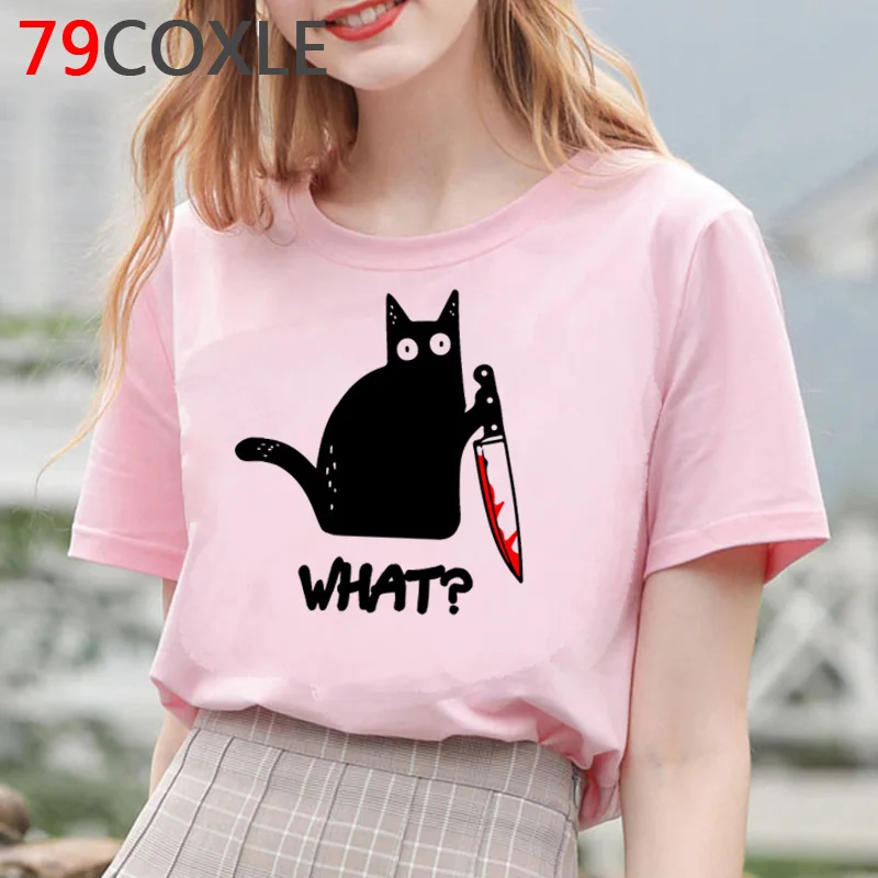 Женская футболка с принтом Cat What в виде мультяшного кота ножом забавная