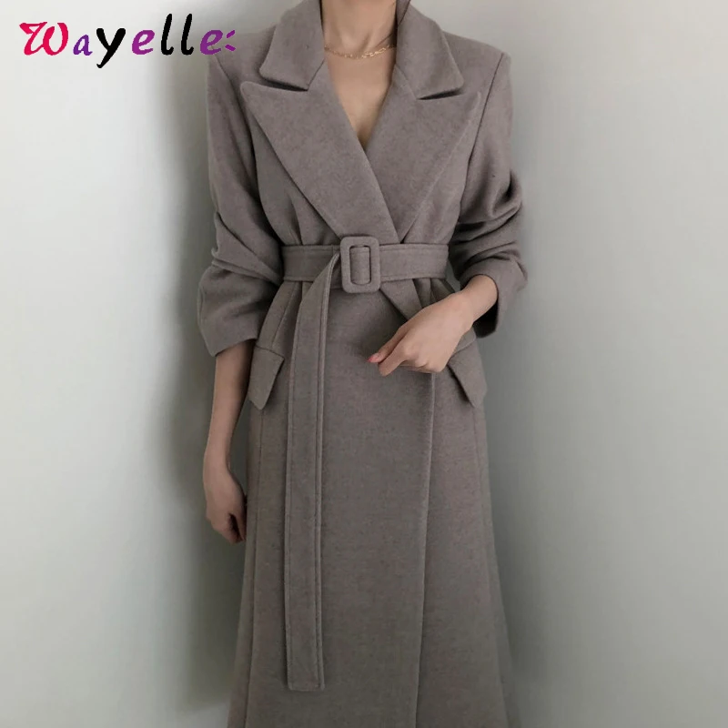 

Wool Long Coat Women Winter UK Style Vintage Chic Elegant V-Neck Wool Coat Women Classic Office Lady with Sashes Ladies Coats