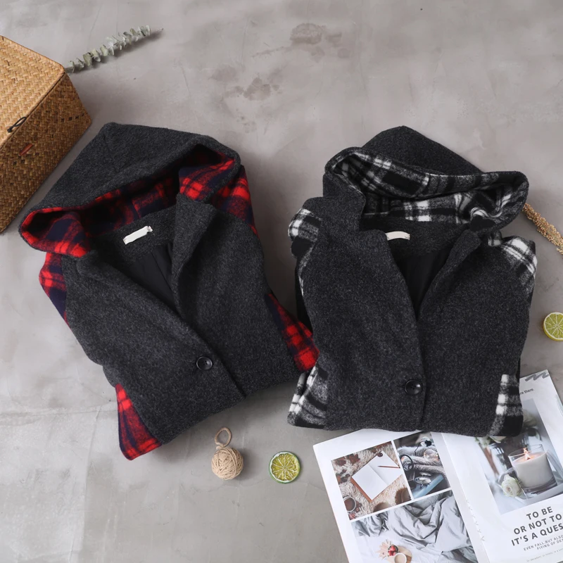 CHICEVER Plaid Hit Color Autumn Winter Coat Women Hooded Long Sleeve Oversize Casual Warm Coats Female 2020 Fashion New Clothes