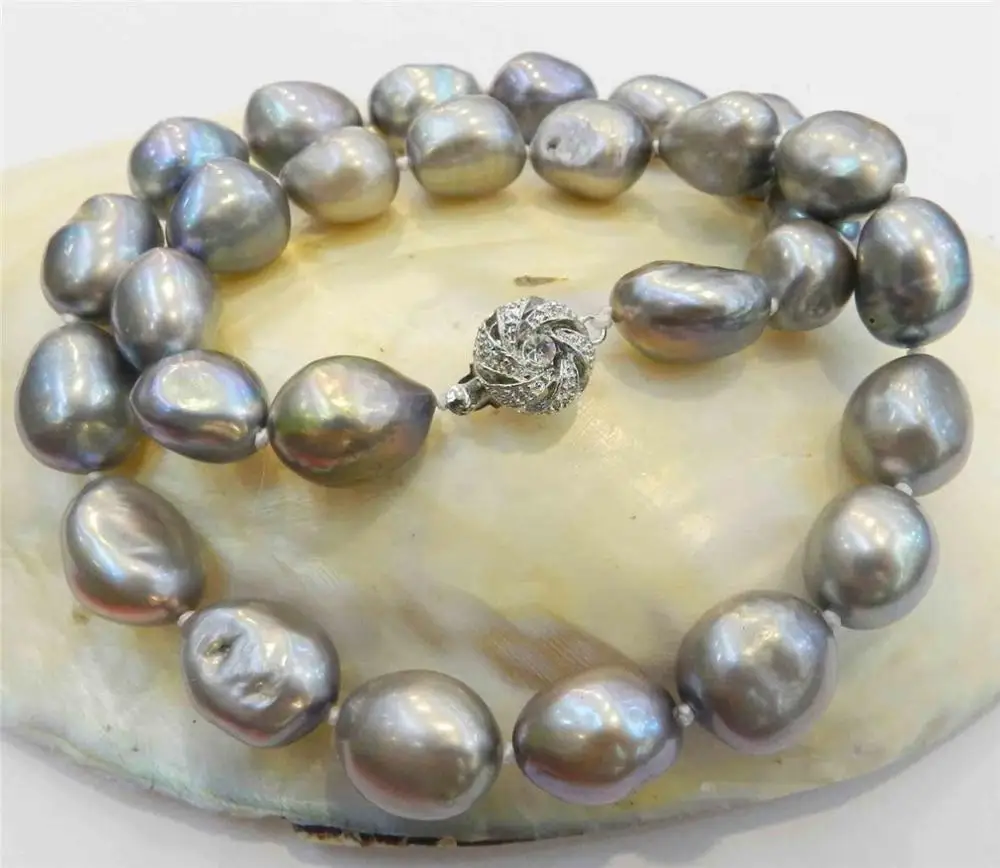 

LARGE 12-14MM SILVER GRAY REAL BAROQUE CULTURED PEARL NECKLACE 18KGP CRYSTAL AA